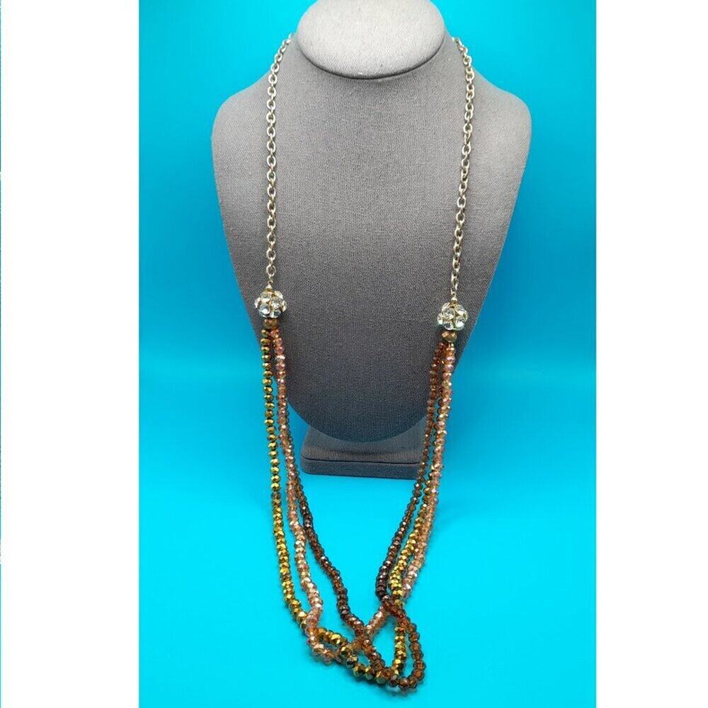 Long Crystal Necklace, Three Crystal Strands, Clear Rhinestone Beads, 37 Inches